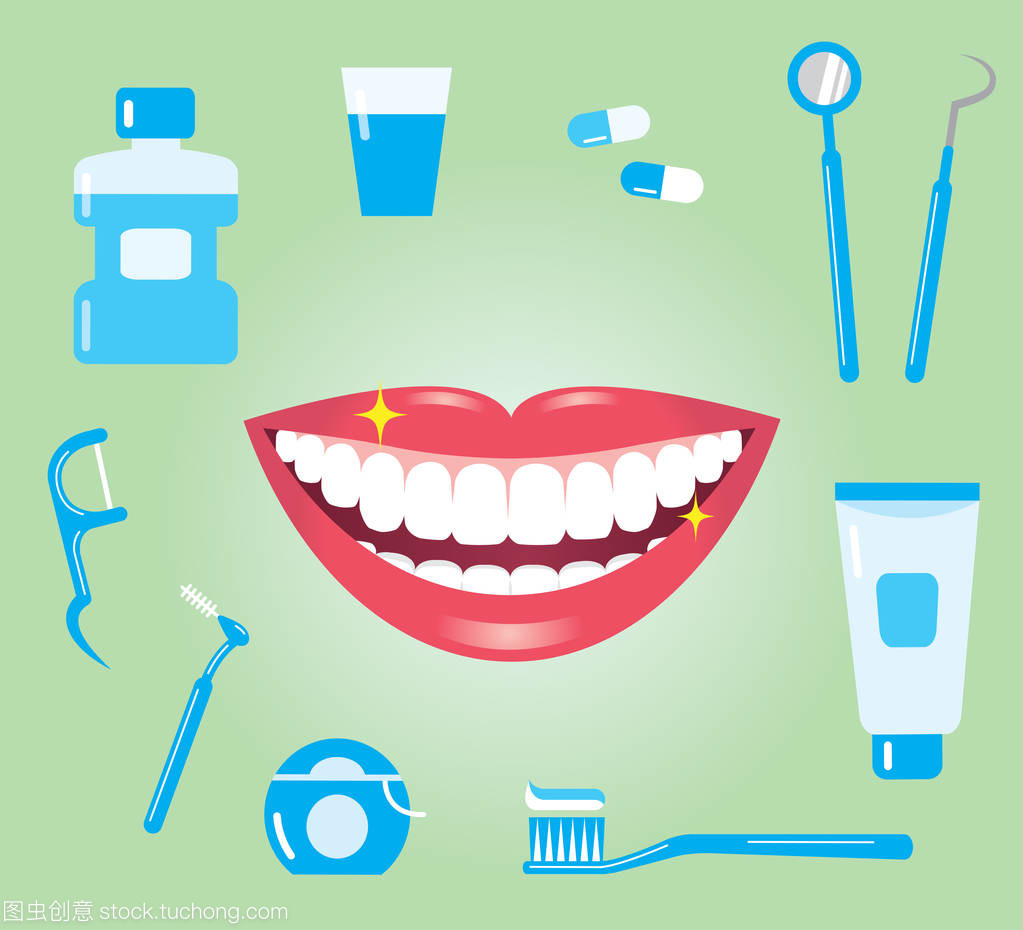 牙科保健。张含笑的嘴与清洁牙齿和口腔护理产品